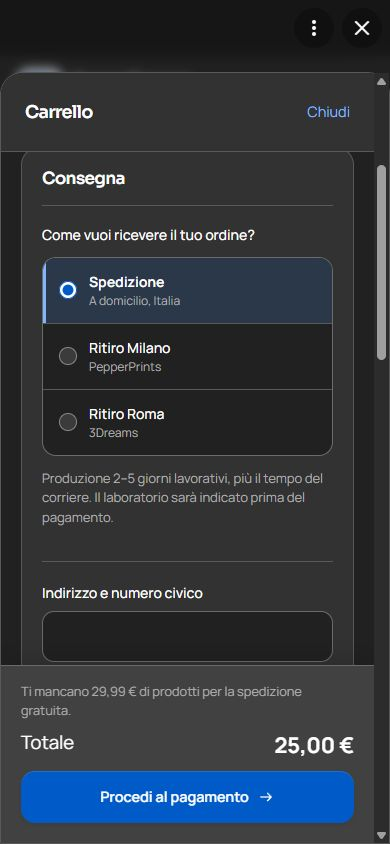 Opzioni reali di consegna: spedizione, ritiro a Milano e ritiro a Roma
