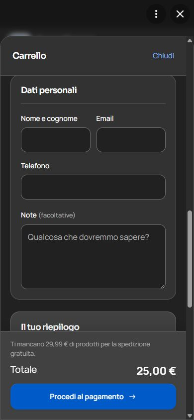 Campi reali e vuoti per nome, email, telefono e note facoltative
