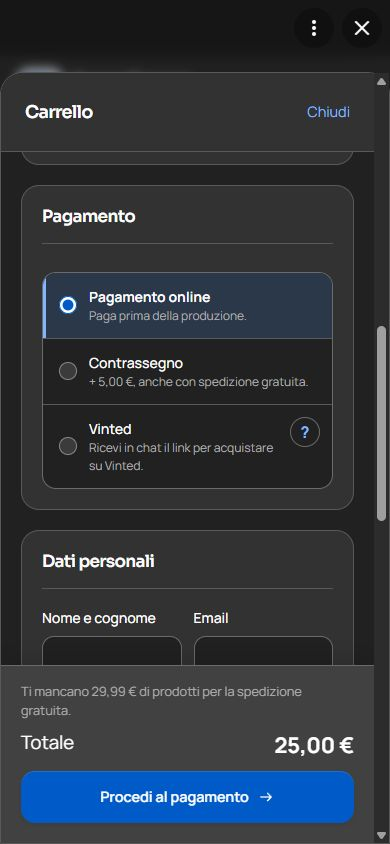 Selezione reale del pagamento: online, contrassegno o Vinted per la spedizione