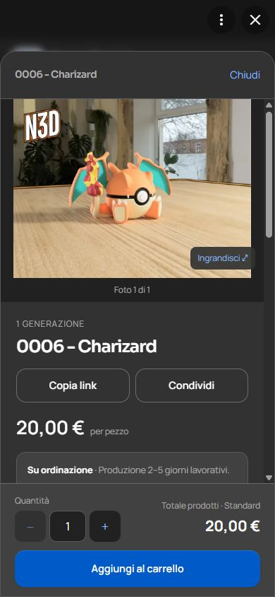 Schermata reale della scheda Pokéball Charizard, con foto, prezzo, quantità e pulsante Aggiungi al carrello